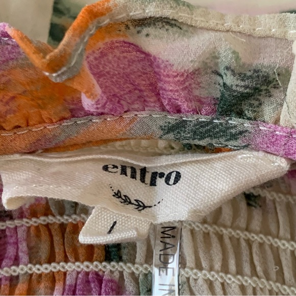 ENTRO Floral Blouse Large Cream Lavender Orange Smocked Semi-Sheer Boho - Picture 11 of 12